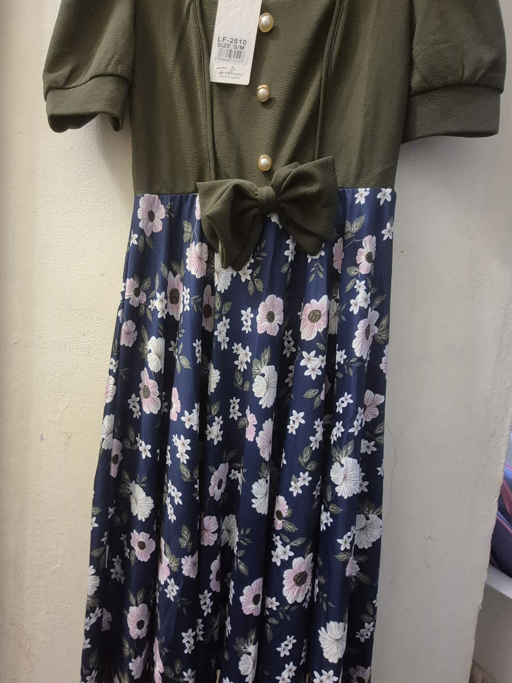 Women Olive Top Navy Floral Bow-Accent Midi Dress